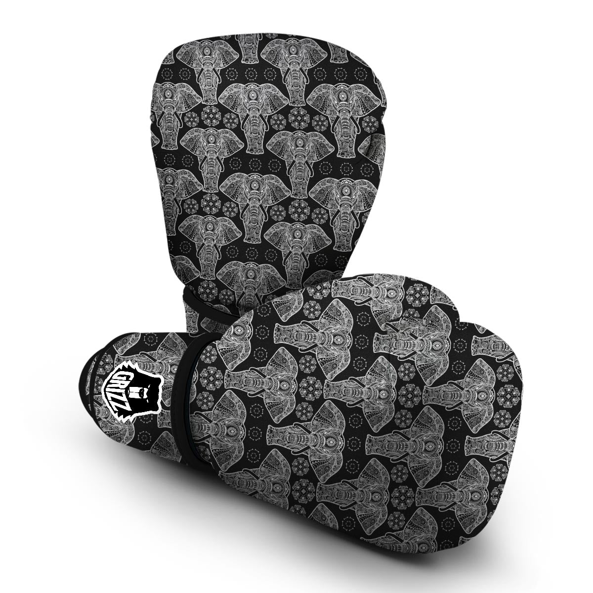 Black Elephant Mandala Print Boxing Gloves-grizzshop