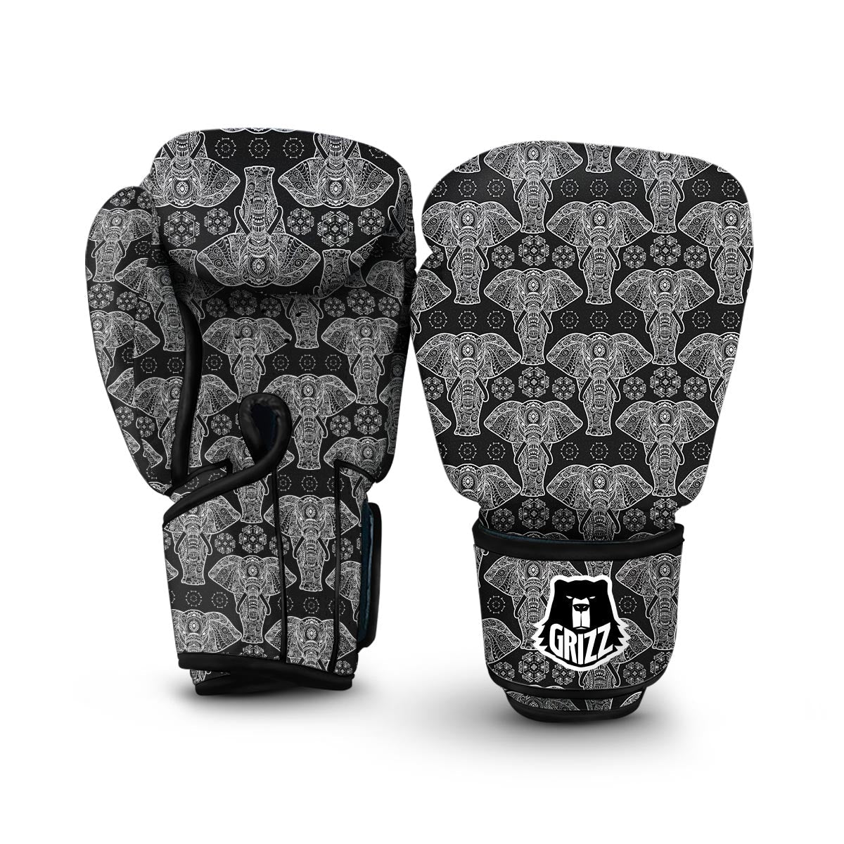 Black Elephant Mandala Print Boxing Gloves-grizzshop