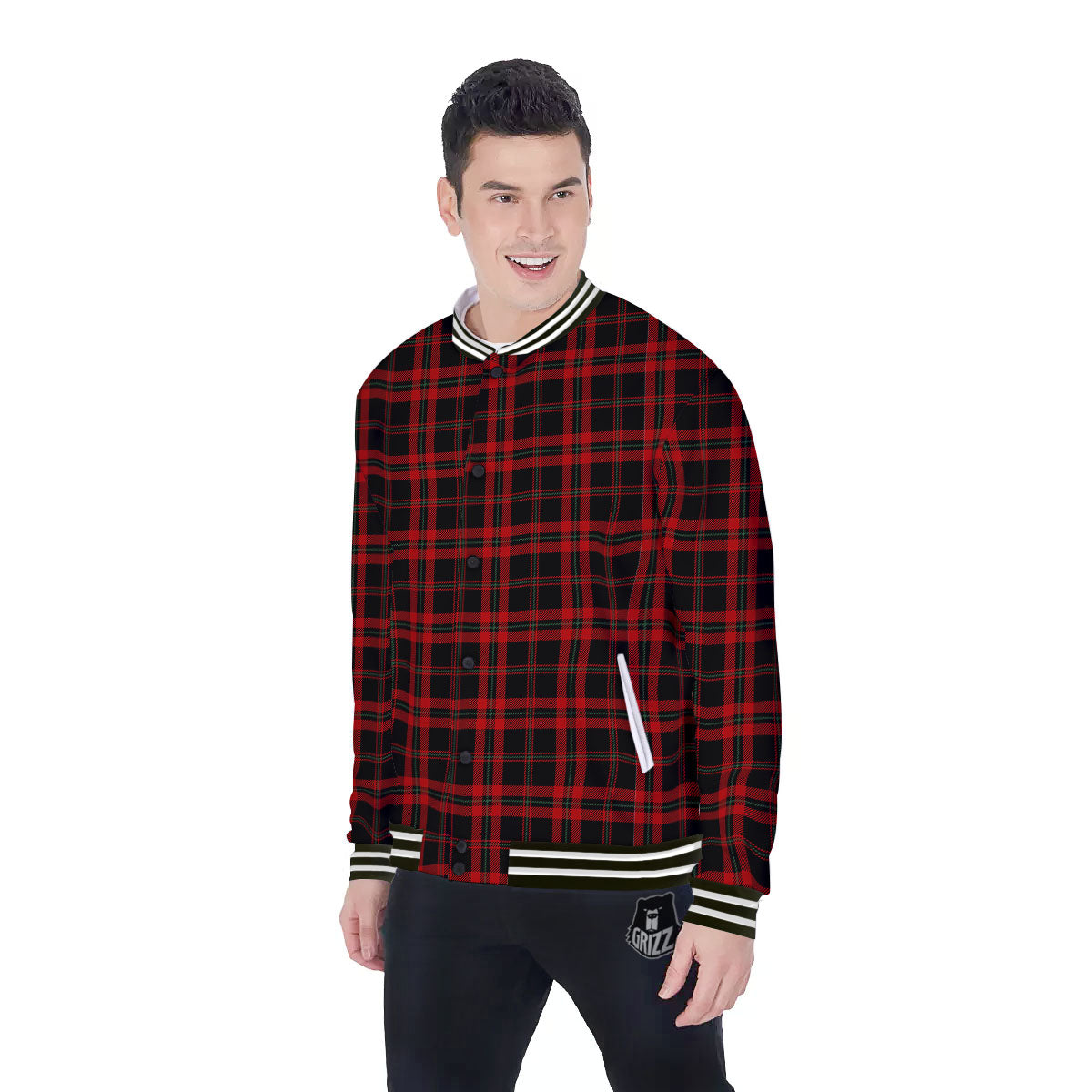 Black Green And Red Tartan Print Pattern Baseball Jacket-grizzshop