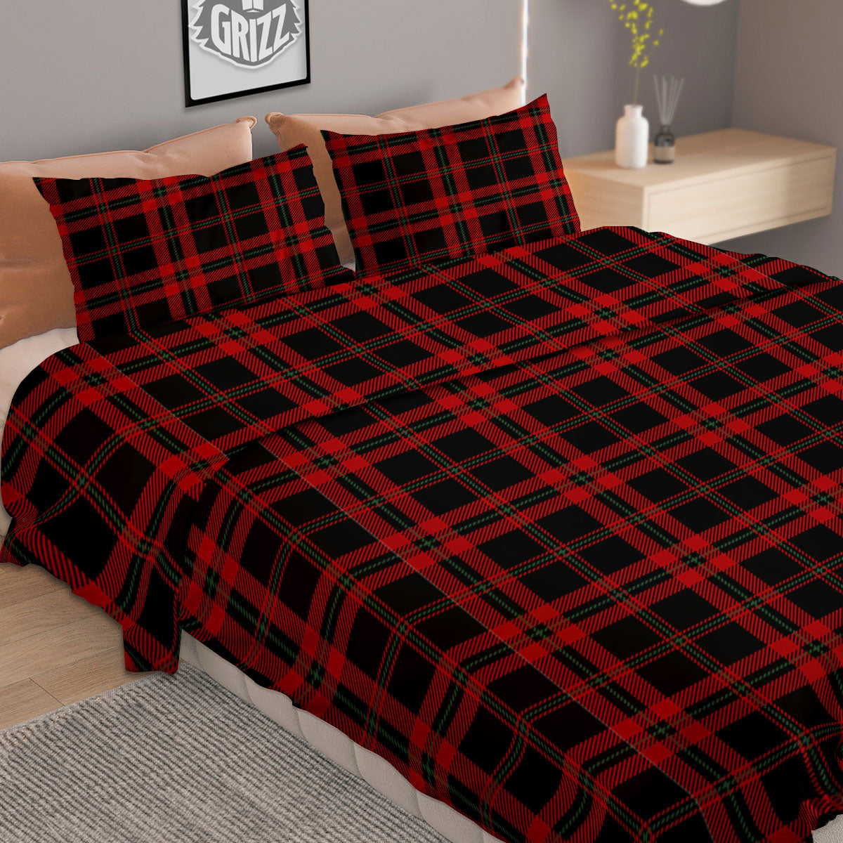 Black Green And Red Tartan Print Pattern Duvet Cover Bedding Set