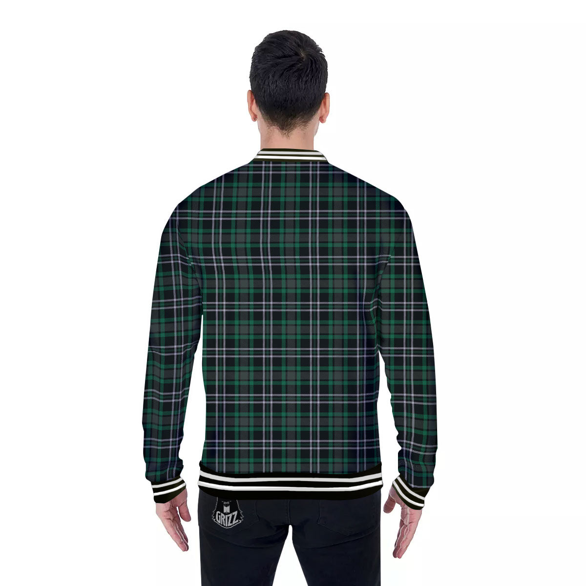 Black Green And White Tartan Print Baseball Jacket-grizzshop