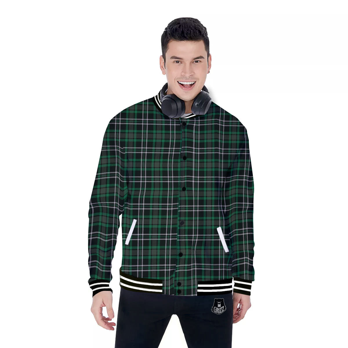 Black Green And White Tartan Print Baseball Jacket-grizzshop