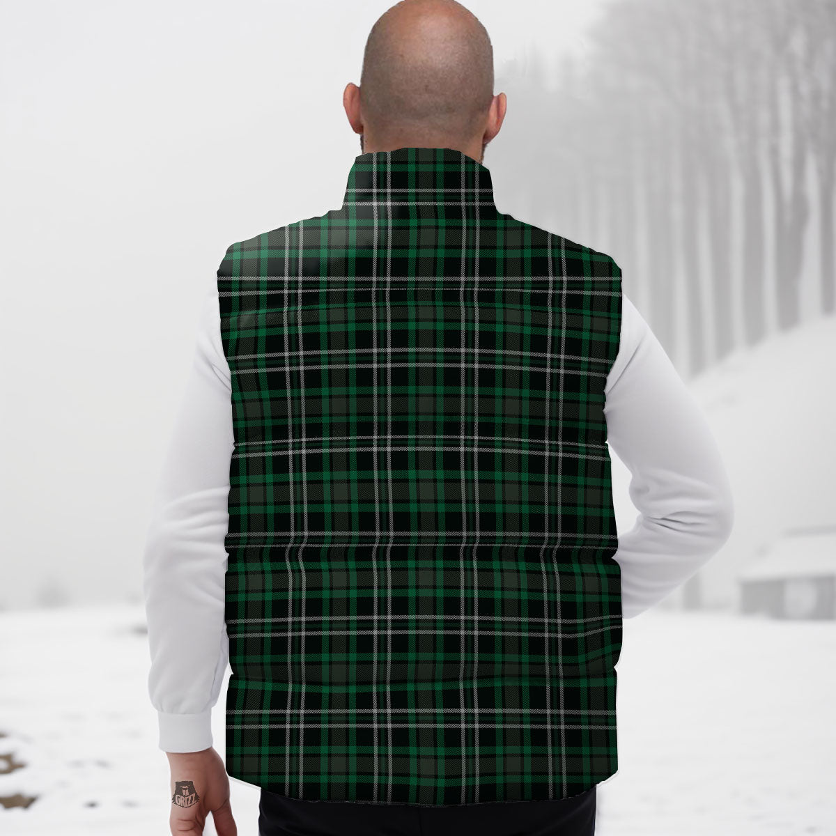 Black Green And White Tartan Print Down Vest