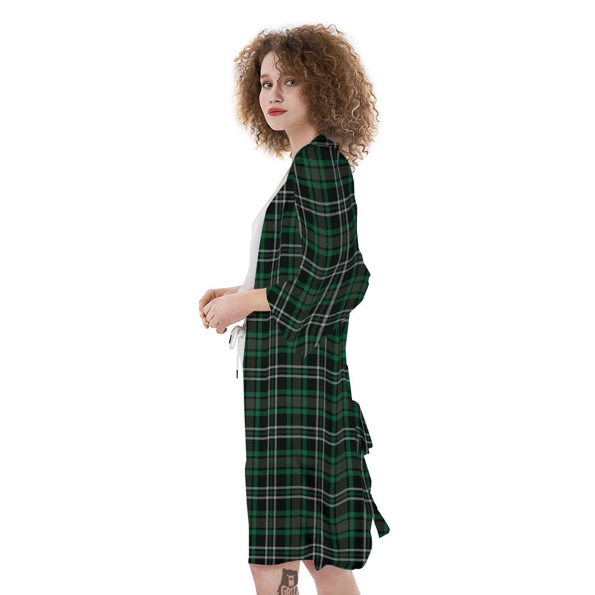 Black Green And White Tartan Print Kimono-grizzshop