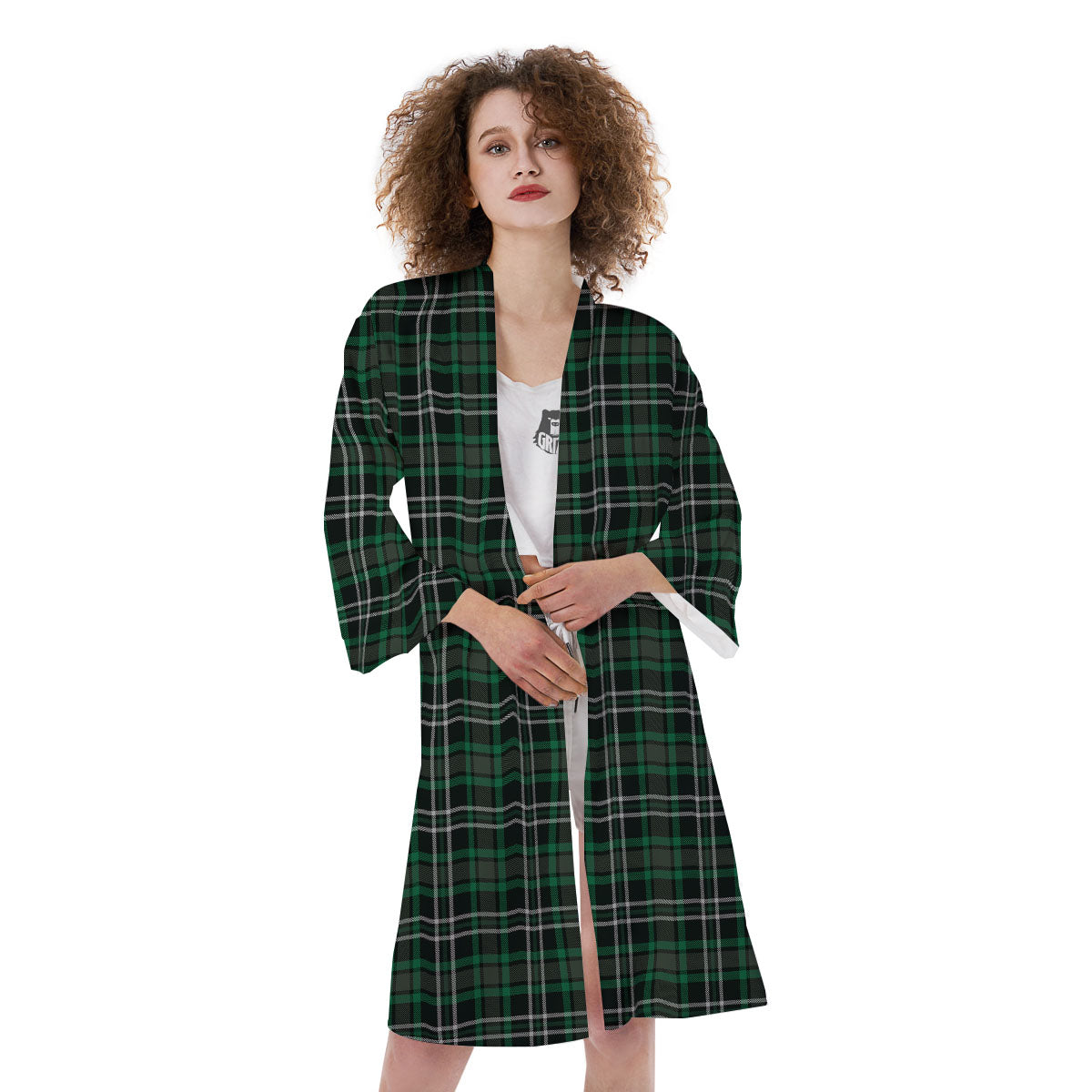 Black Green And White Tartan Print Kimono-grizzshop