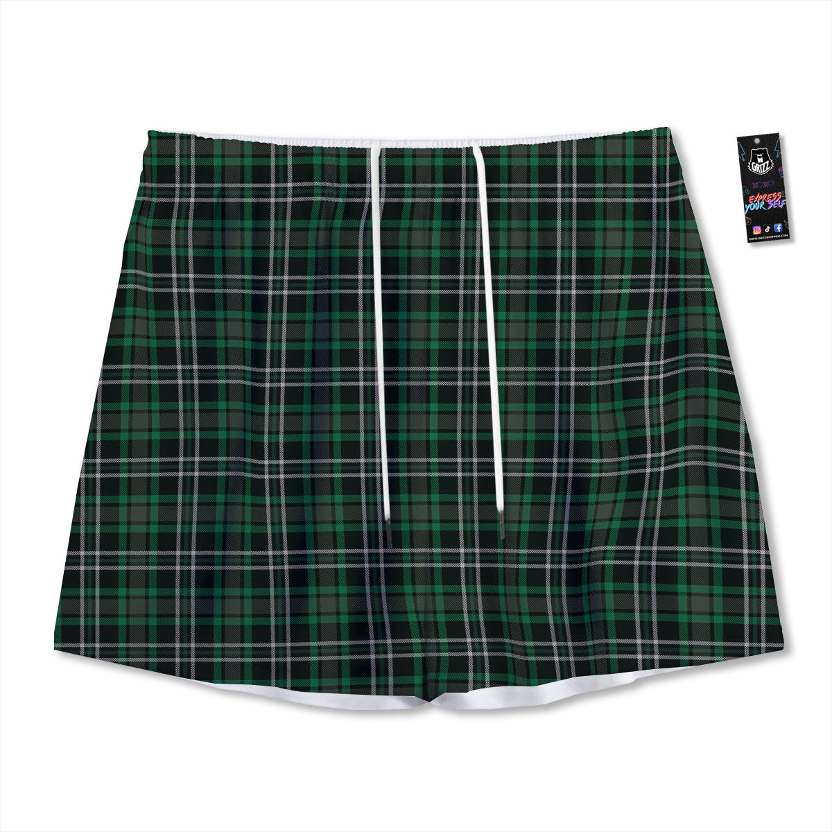 Black Green And White Tartan Print Mesh Shorts