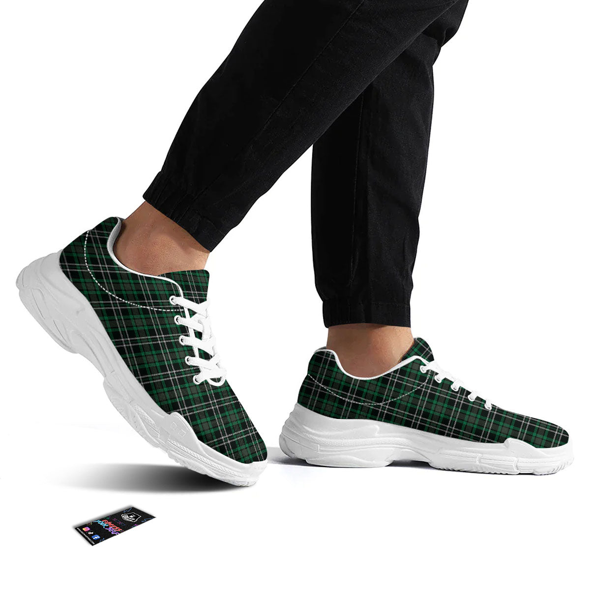Black Green And White Tartan Print White Chunky Shoes-grizzshop