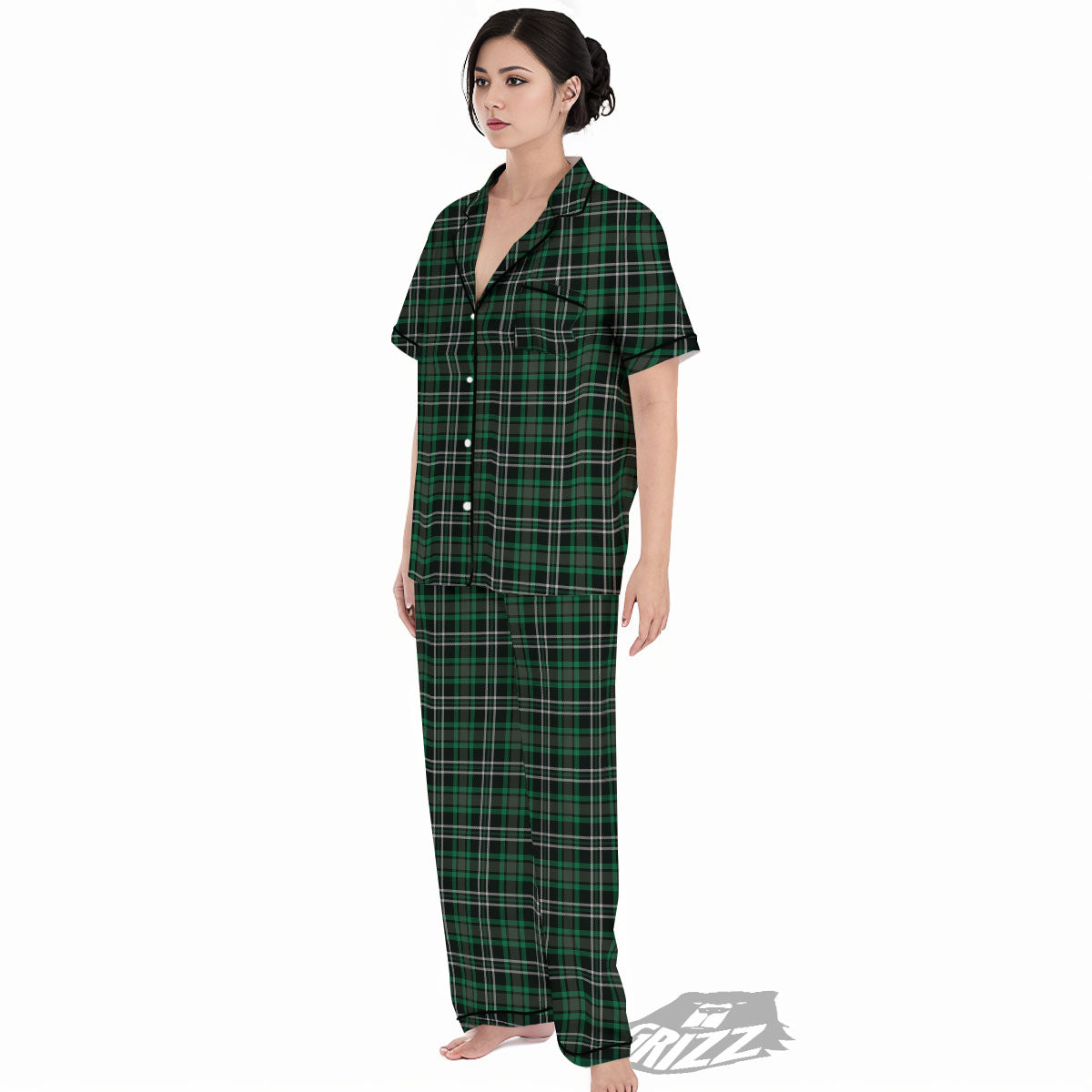 Black Green And White Tartan Print Women's Pajamas Set-grizzshop