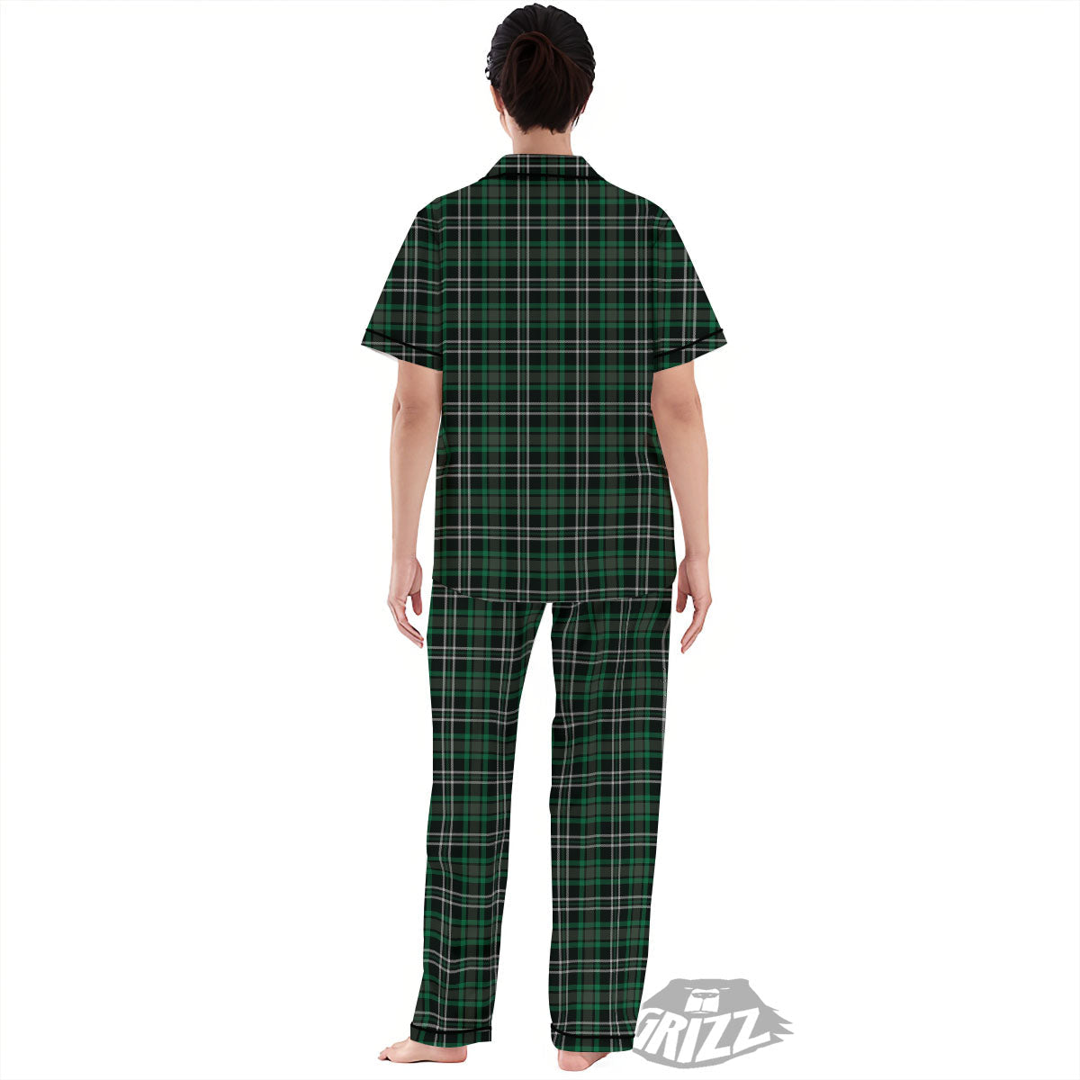 Black Green And White Tartan Print Women's Pajamas Set-grizzshop