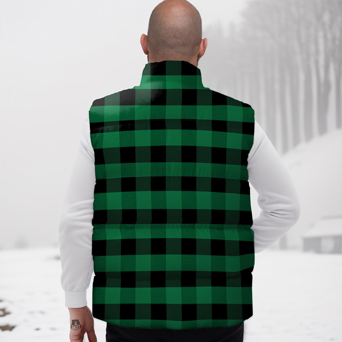 Black Green Buffalo Check And U F O Print Pattern Down Vest