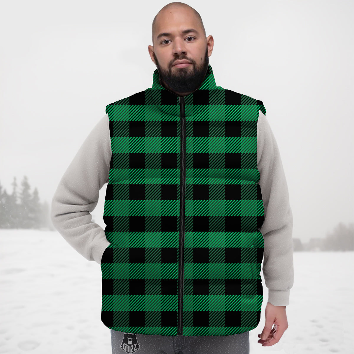 Black Green Buffalo Check And U F O Print Pattern Down Vest