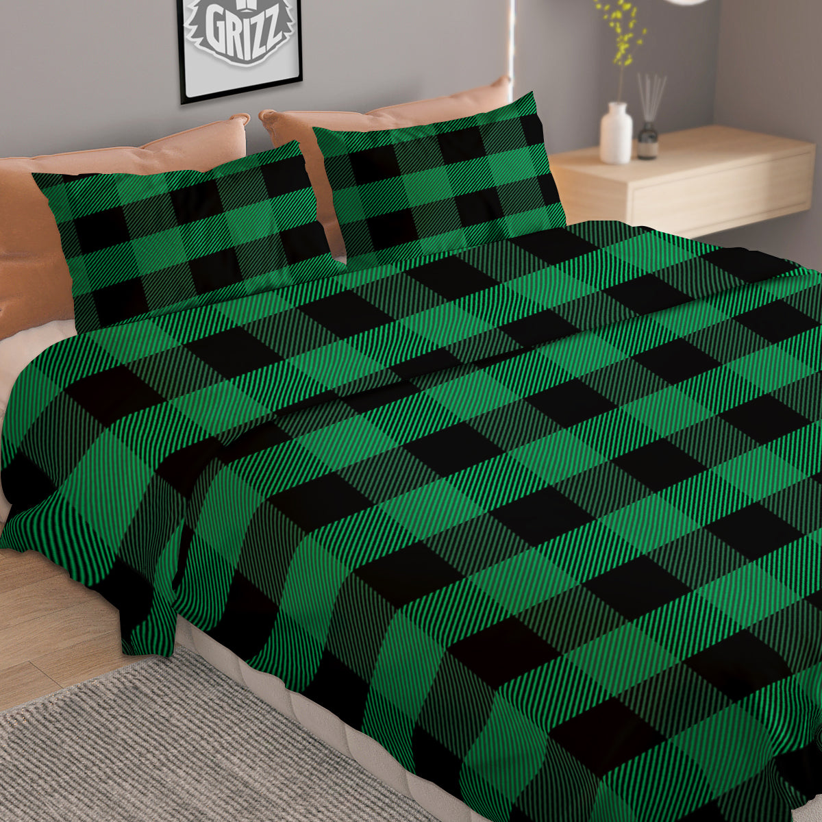 Black Green Buffalo Check And UFO Print Pattern Duvet Cover Bedding Set