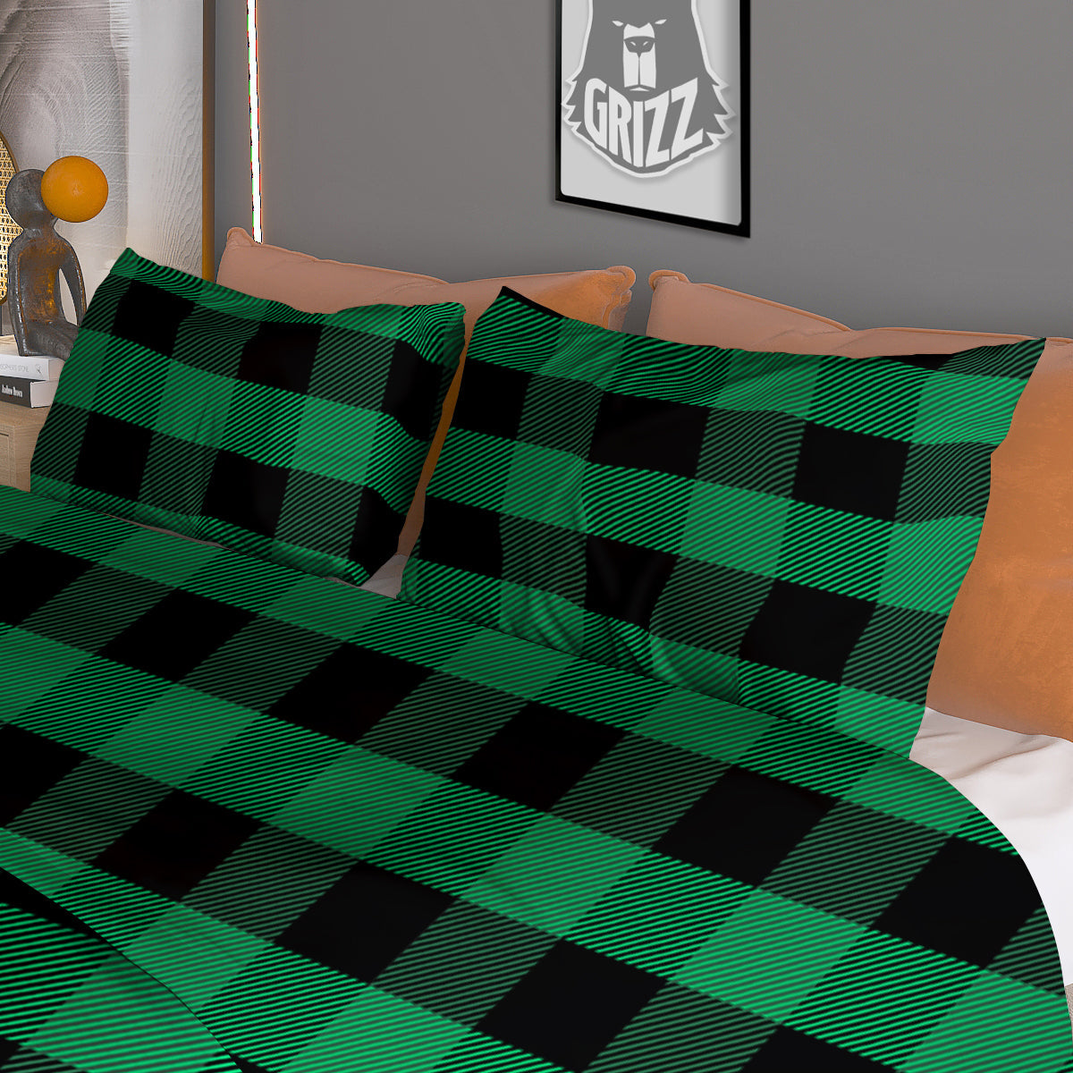 Black Green Buffalo Check And UFO Print Pattern Duvet Cover Bedding Set