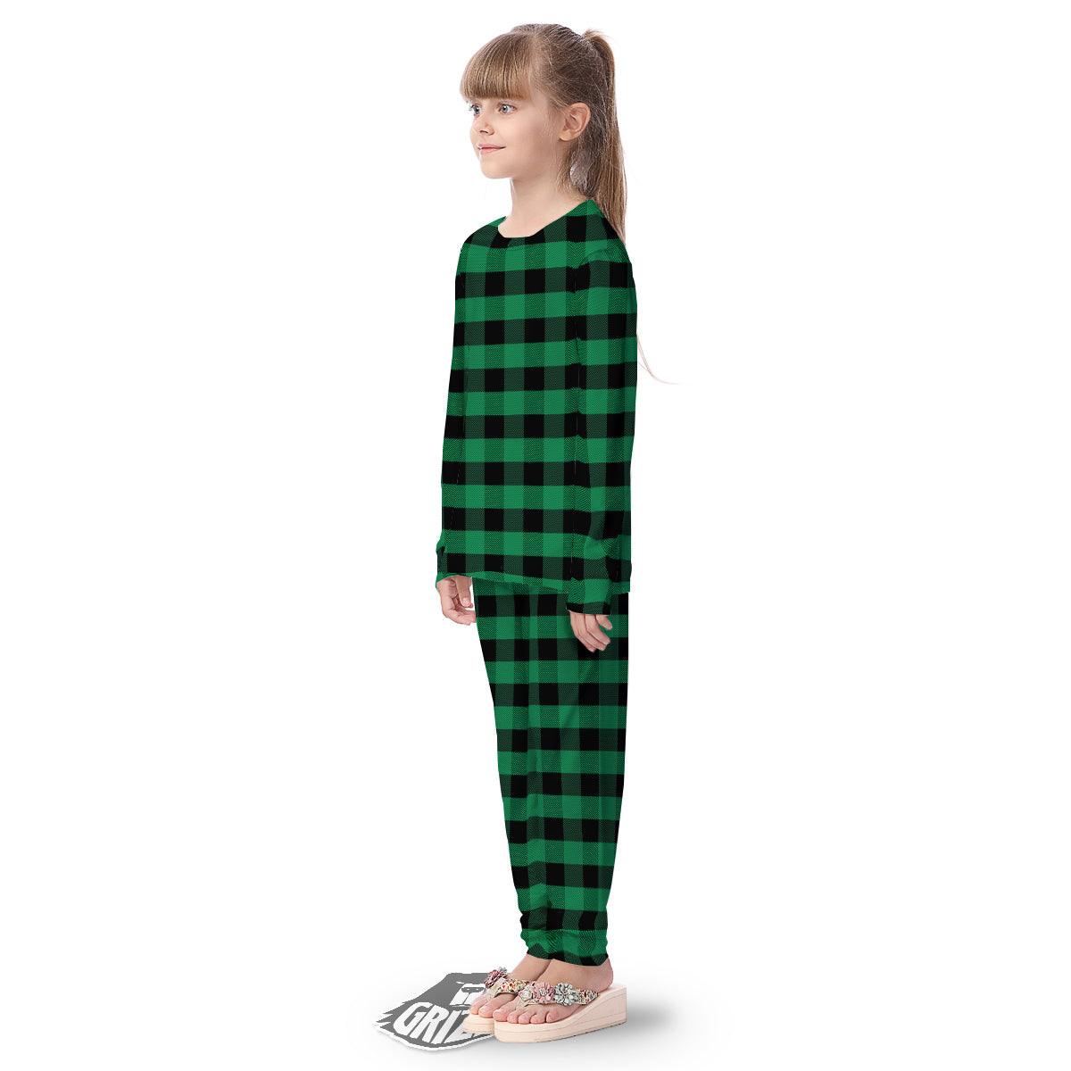 Black Green Buffalo Check And UFO Print Pattern Kid's Pajamas-grizzshop