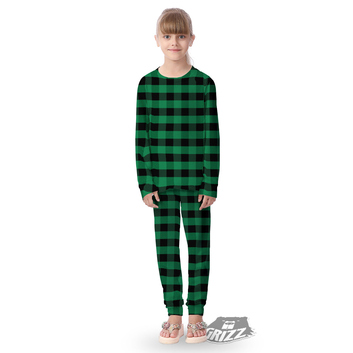 Black Green Buffalo Check And UFO Print Pattern Kid's Pajamas-grizzshop
