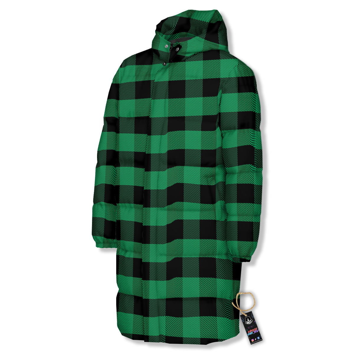 Black Green Buffalo Check And UFO Print Pattern Long Down Jacket-grizzshop