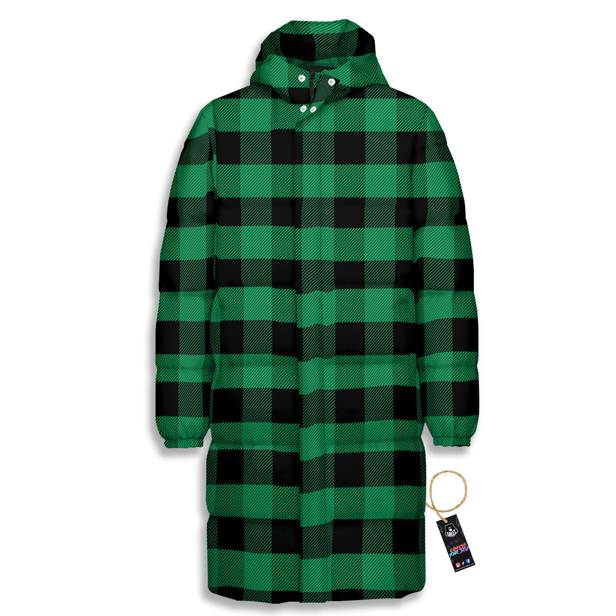 Black Green Buffalo Check And UFO Print Pattern Long Down Jacket-grizzshop