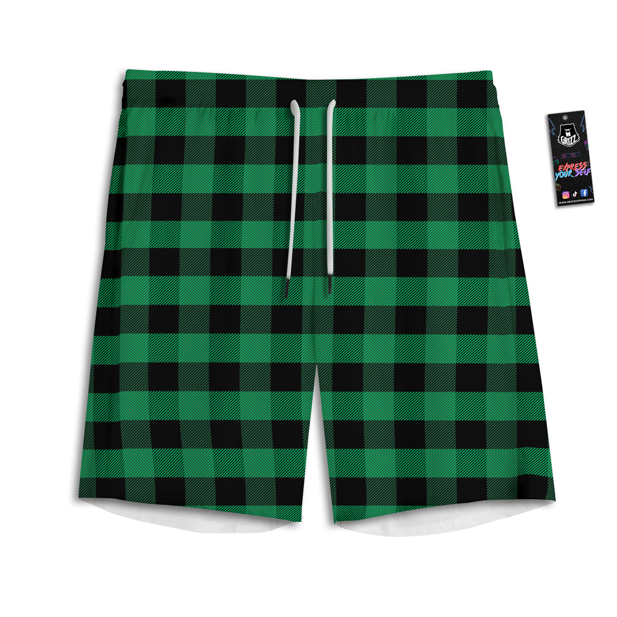 Black Green Buffalo Check And UFO Print Pattern Men's Athletic Shorts