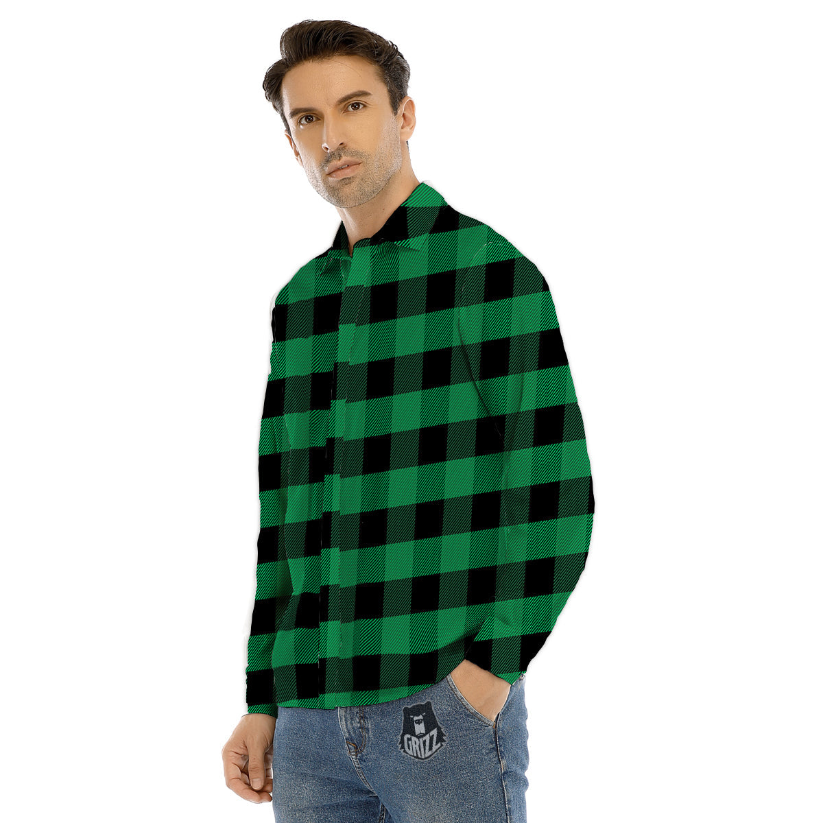 Black Green Buffalo Check And UFO Print Pattern Men's Dress Shirts-grizzshop