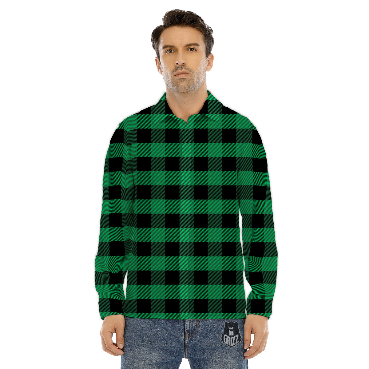 Black Green Buffalo Check And UFO Print Pattern Men's Dress Shirts-grizzshop