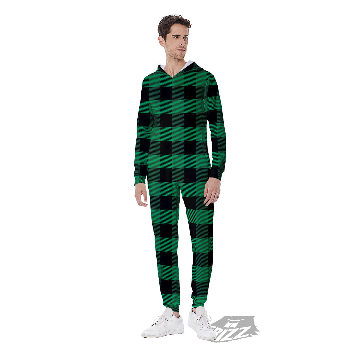Black Green Buffalo Check And UFO Print Pattern Men's Jumpsuit-grizzshop