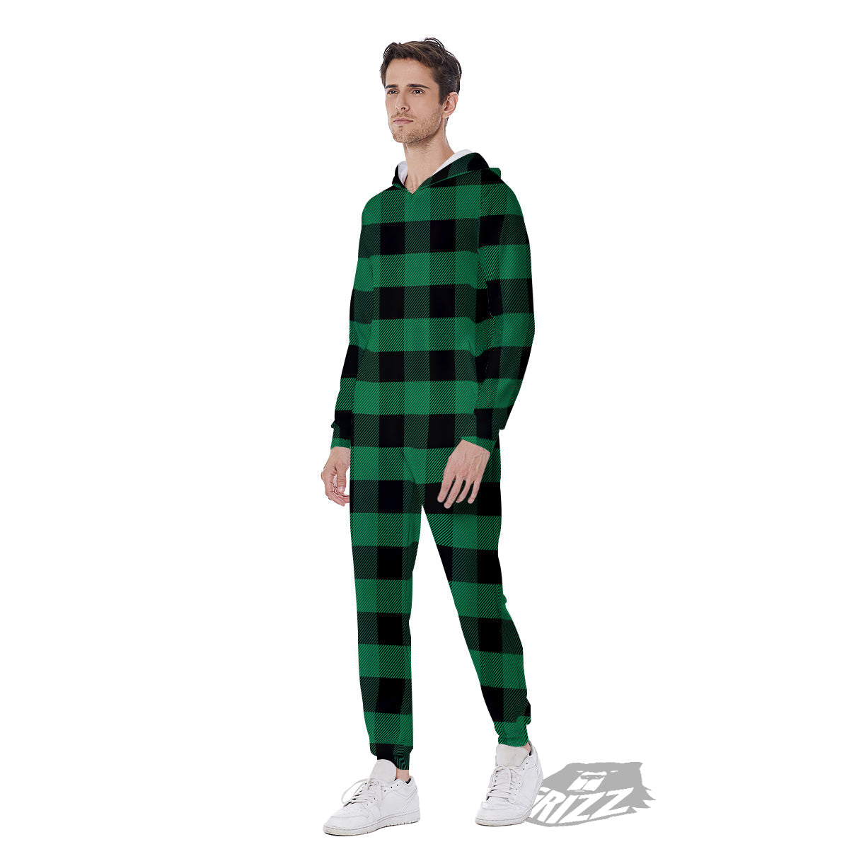 Black Green Buffalo Check And UFO Print Pattern Men's Jumpsuit-grizzshop