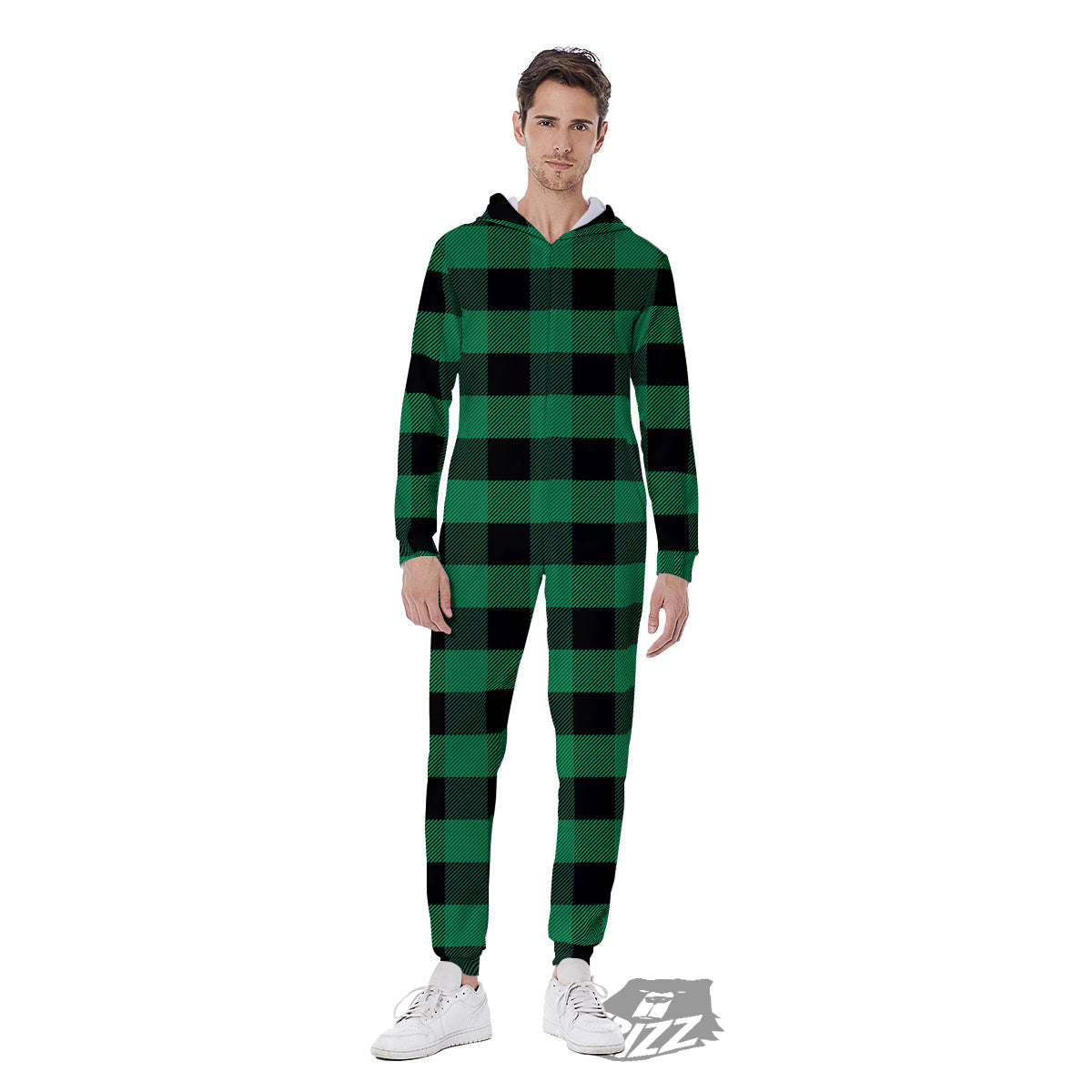 Black Green Buffalo Check And UFO Print Pattern Men's Jumpsuit-grizzshop