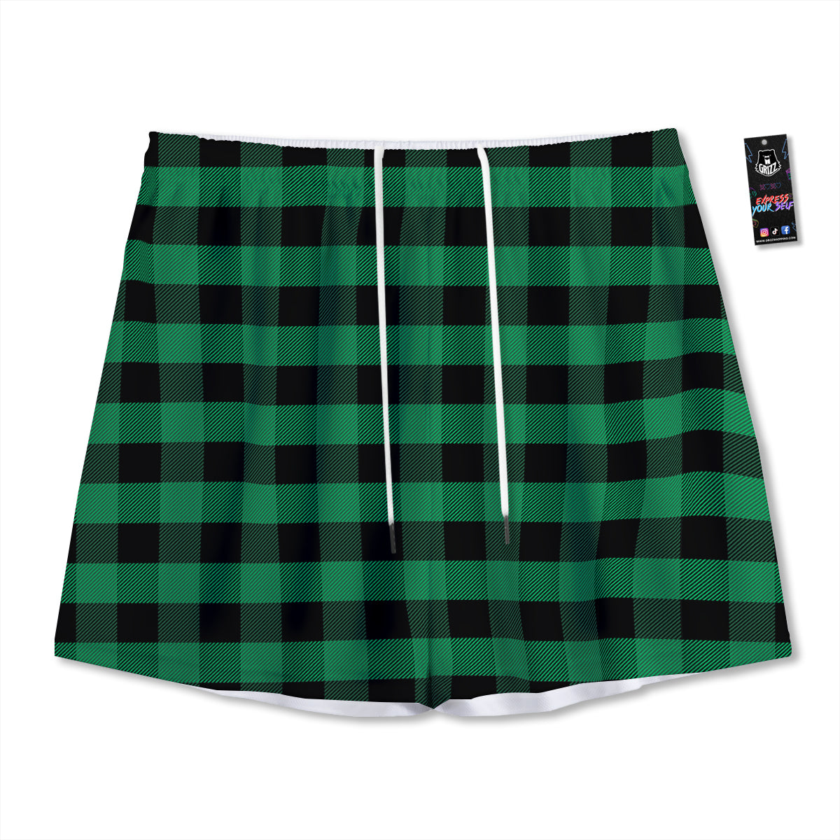 Black Green Buffalo Check And UFO Print Pattern Mesh Shorts