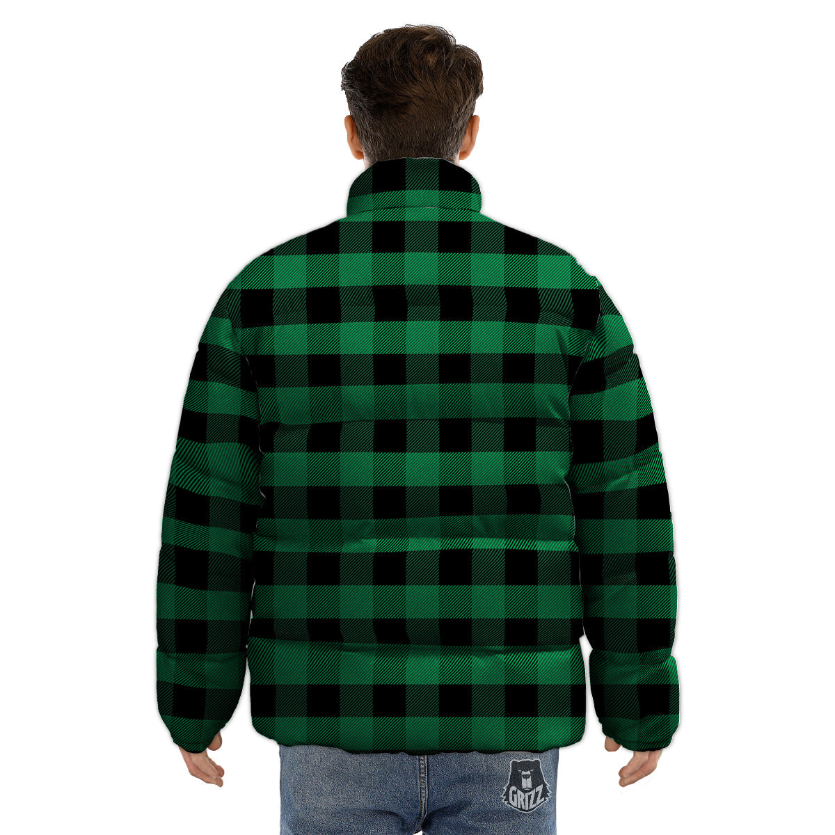 Black Green Buffalo Check And UFO Print Pattern Puffer Jacket-grizzshop