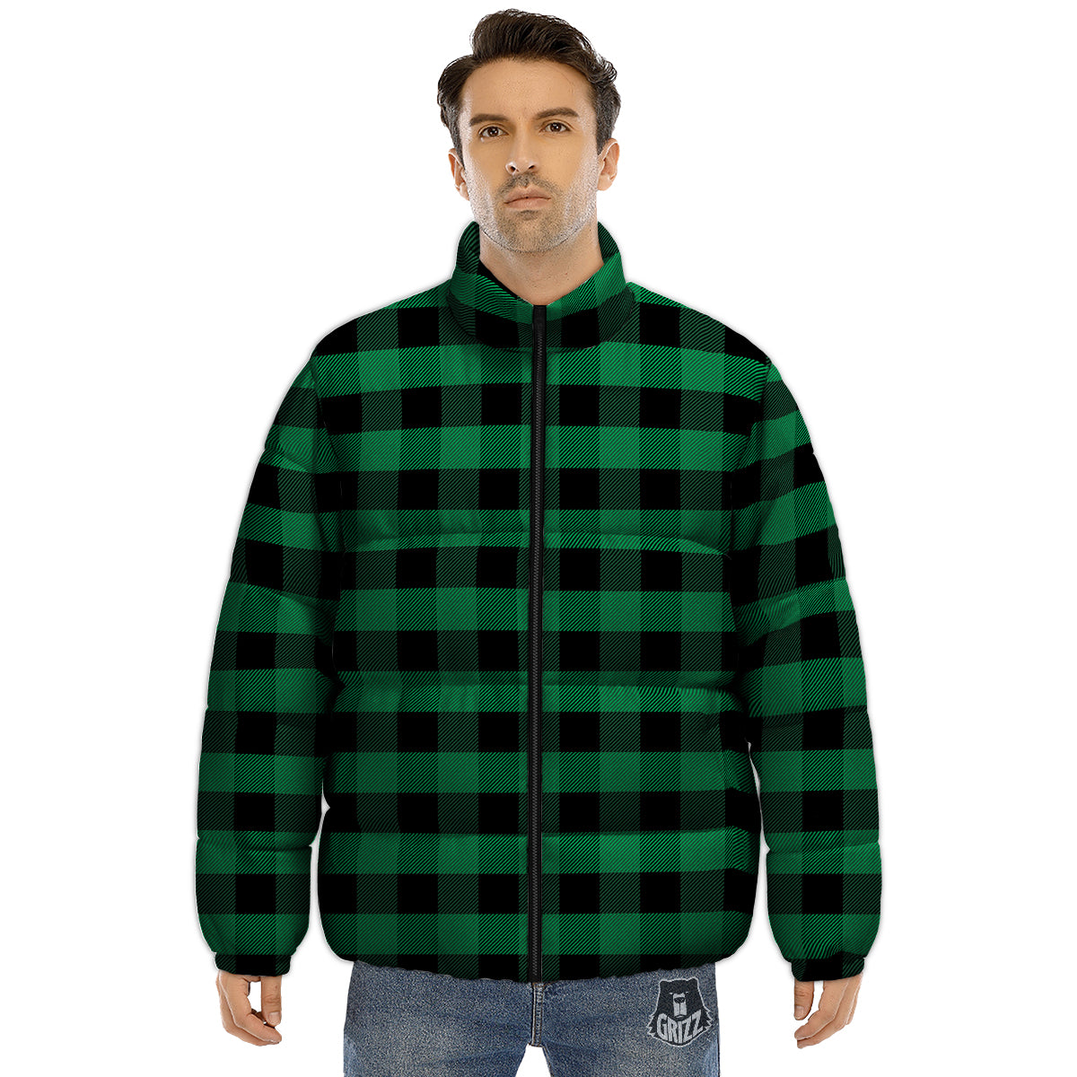 Black Green Buffalo Check And UFO Print Pattern Puffer Jacket-grizzshop