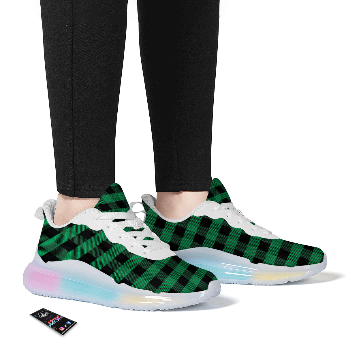 Black Green Buffalo Check And UFO Print Pattern Running Sneakers-grizzshop