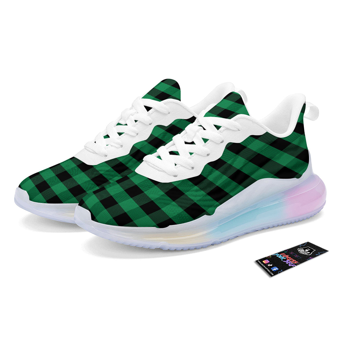 Black Green Buffalo Check And UFO Print Pattern Running Sneakers-grizzshop