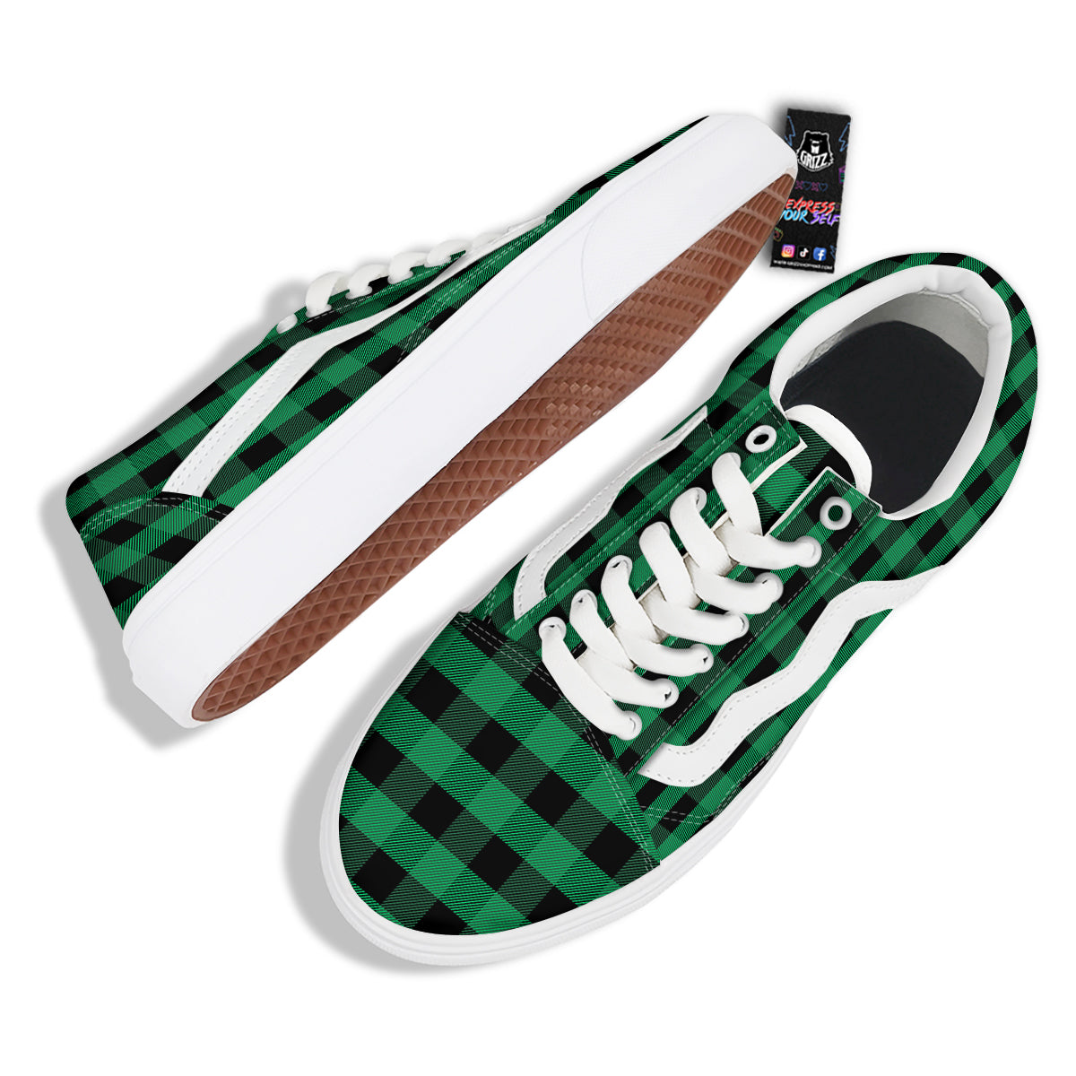 Black Green Buffalo Check And UFO Print Pattern Skate Shoes-grizzshop
