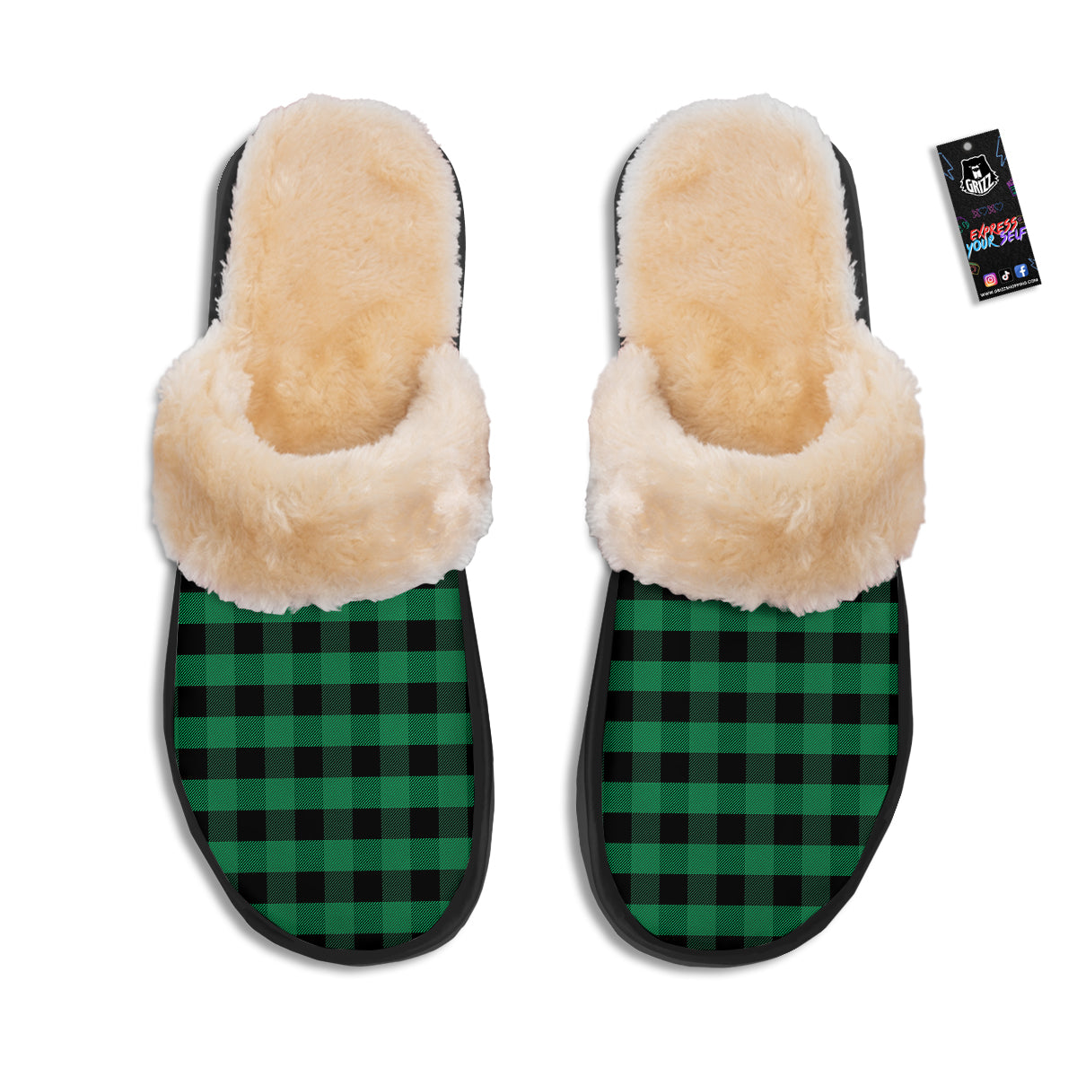 Black Green Buffalo Check And UFO Print Pattern Slippers-grizzshop