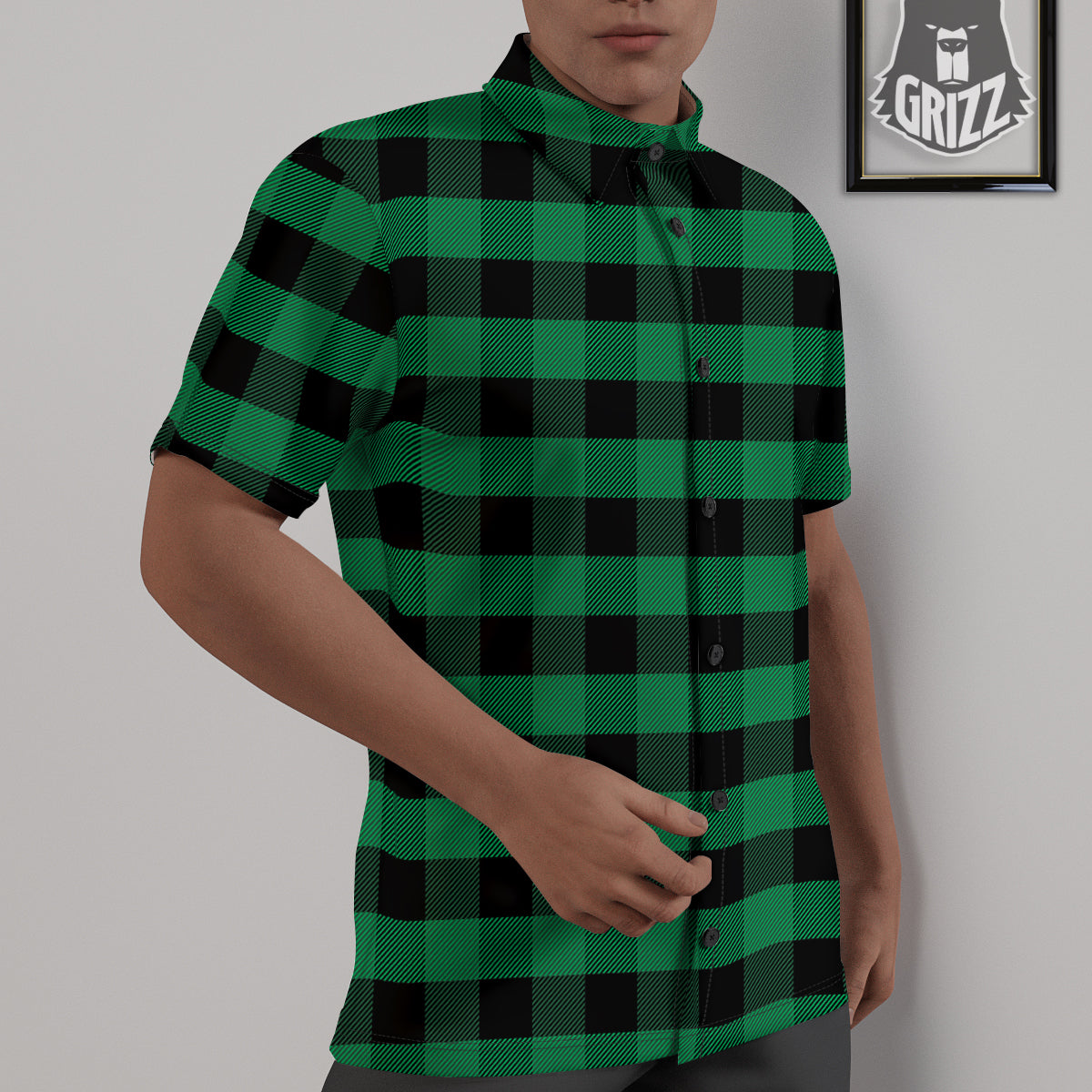 Black Green Buffalo Check And UFO Print Pattern Untucked Shirts-grizzshop