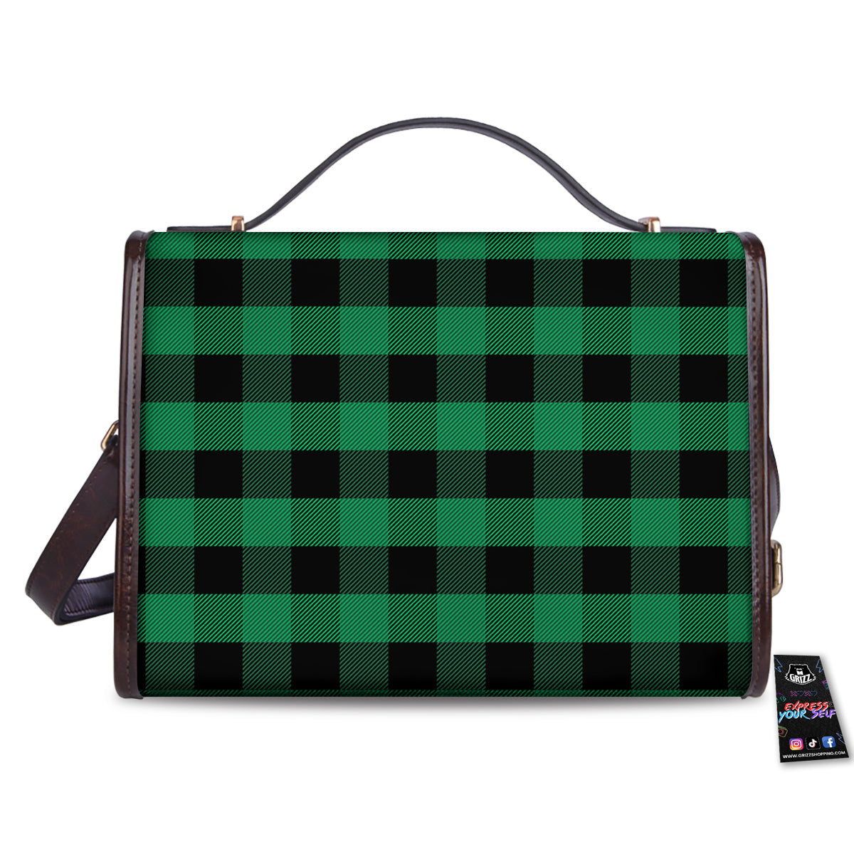Black Green Buffalo Check And UFO Print Pattern Women's Satchel Bag-grizzshop