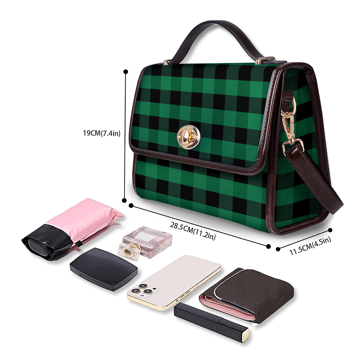 Black Green Buffalo Check And UFO Print Pattern Women's Satchel Bag-grizzshop