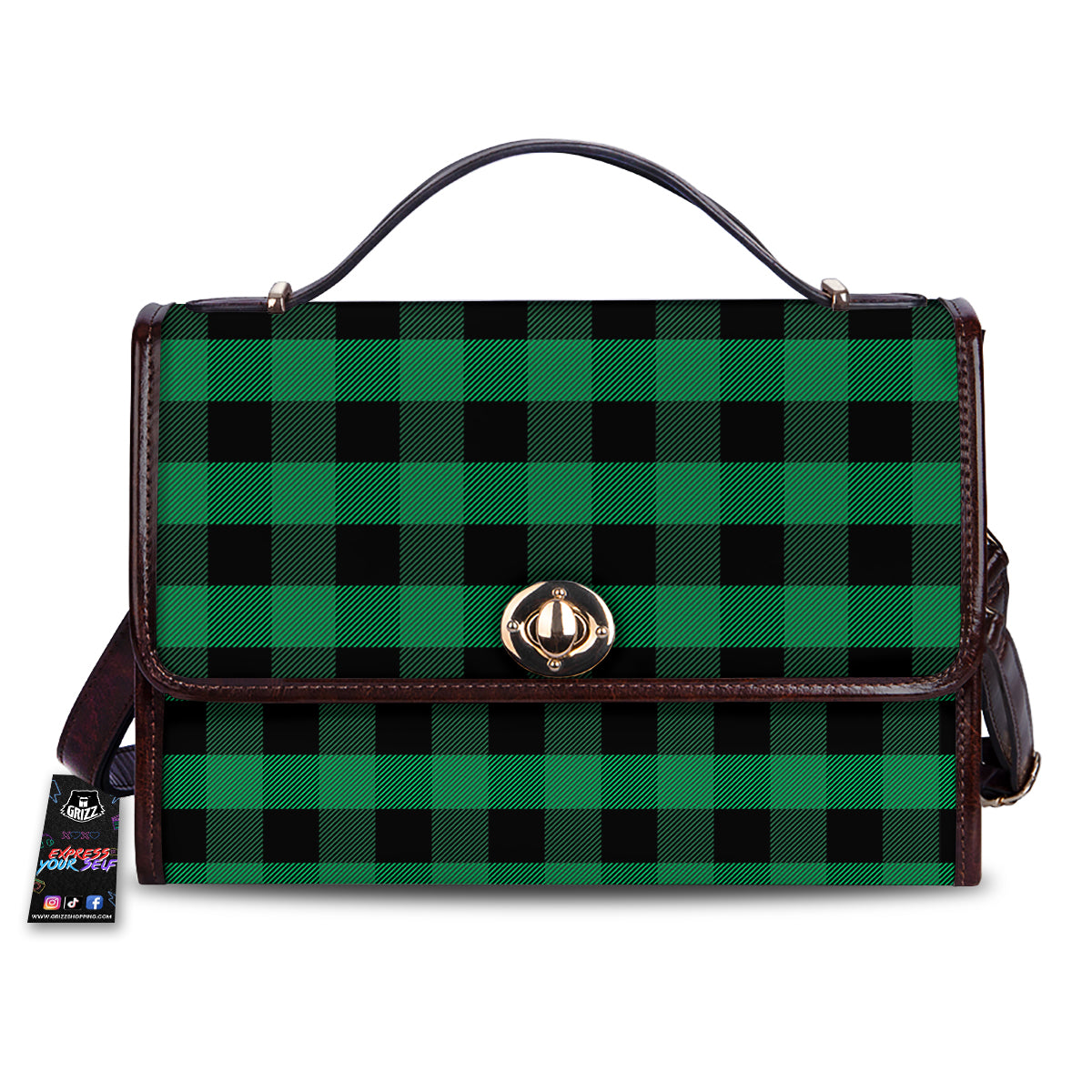 Black Green Buffalo Check And UFO Print Pattern Women's Satchel Bag-grizzshop