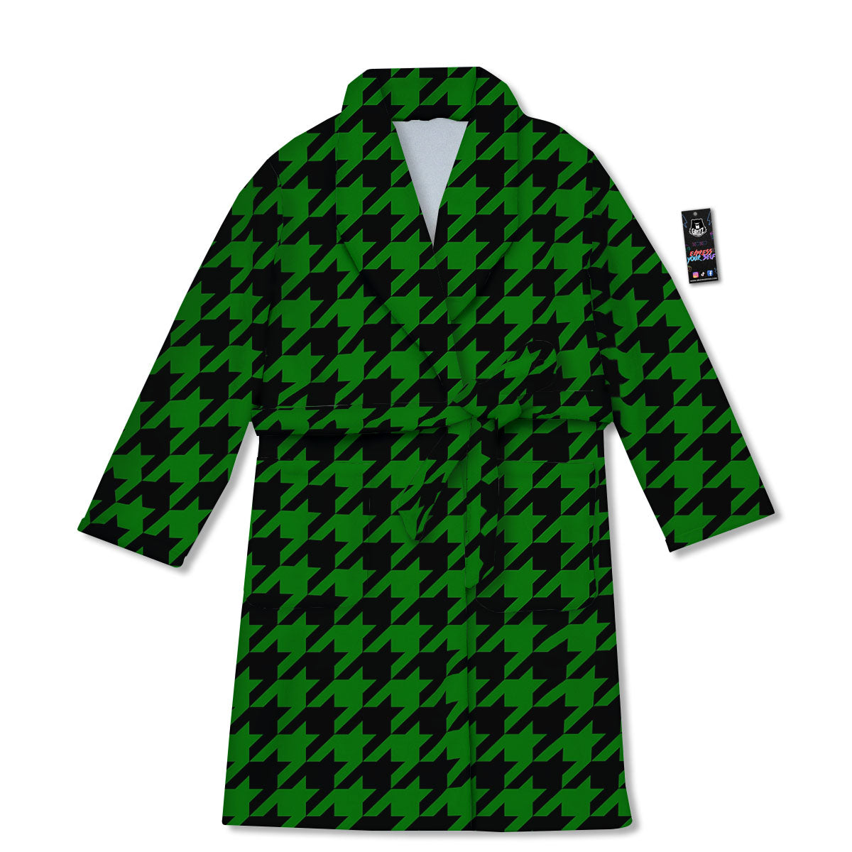 Black Green Jungle Houndstooth Print Bathrobe-grizzshop