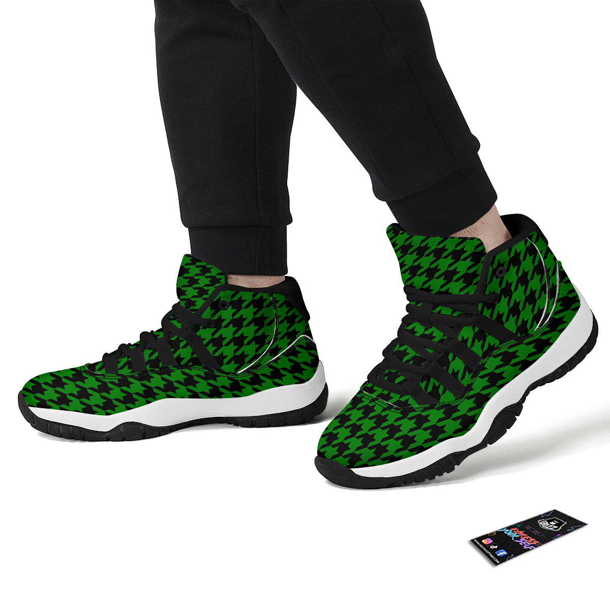 Black Green Jungle Houndstooth Print Black Bball Shoes-grizzshop