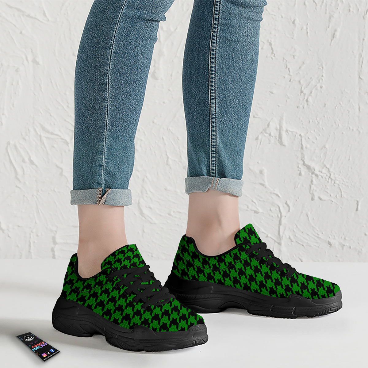 Black Green Jungle Houndstooth Print Black Chunky Shoes-grizzshop