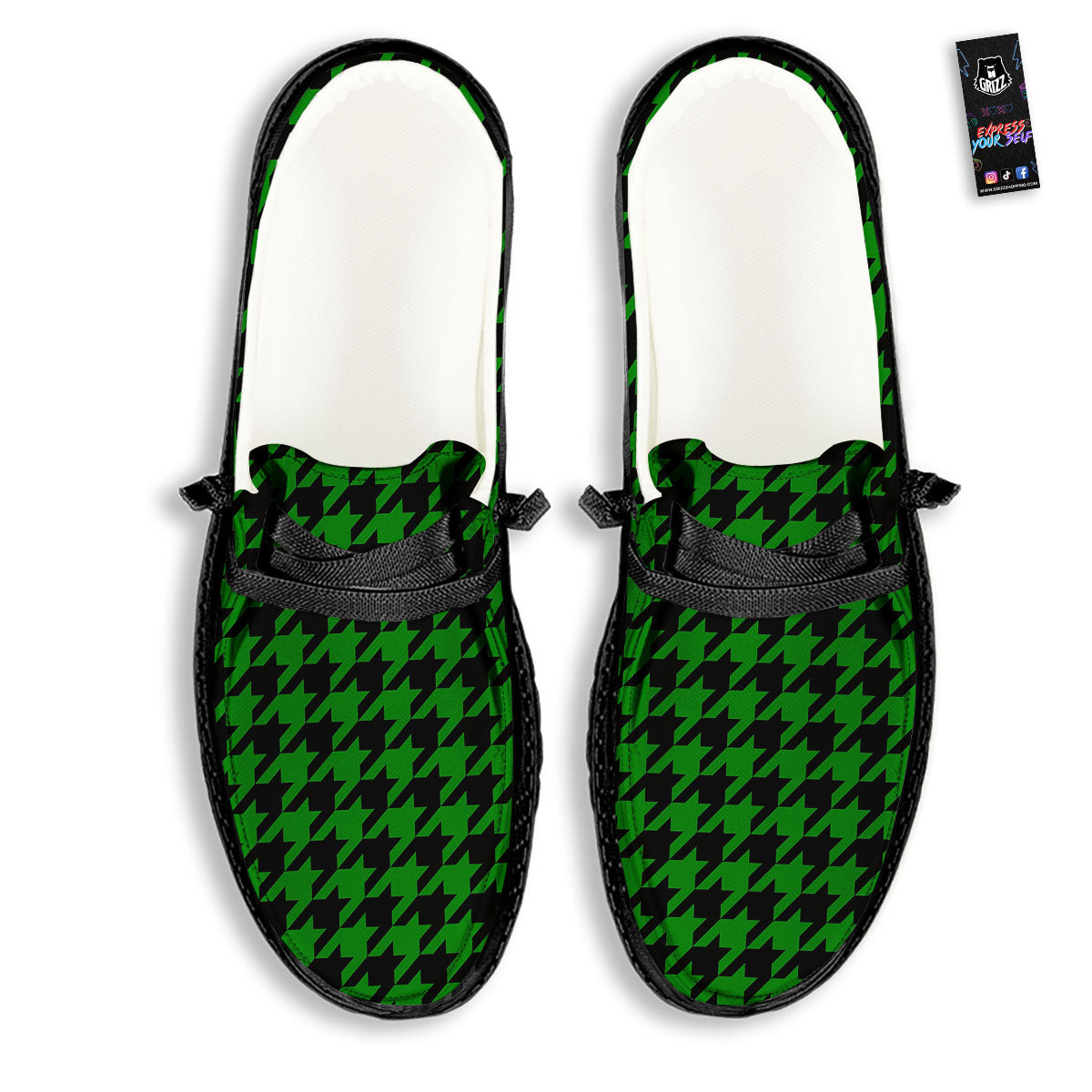 Black Green Jungle Houndstooth Print Black Loafers-grizzshop