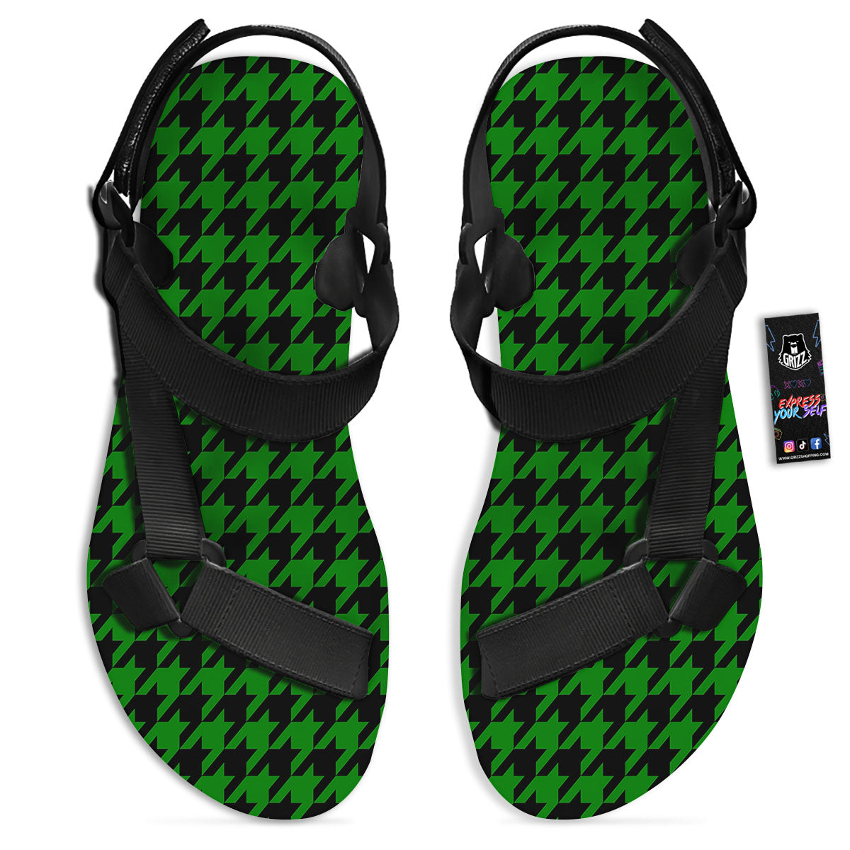 Black Green Jungle Houndstooth Print Black Open Toe Sandals-grizzshop