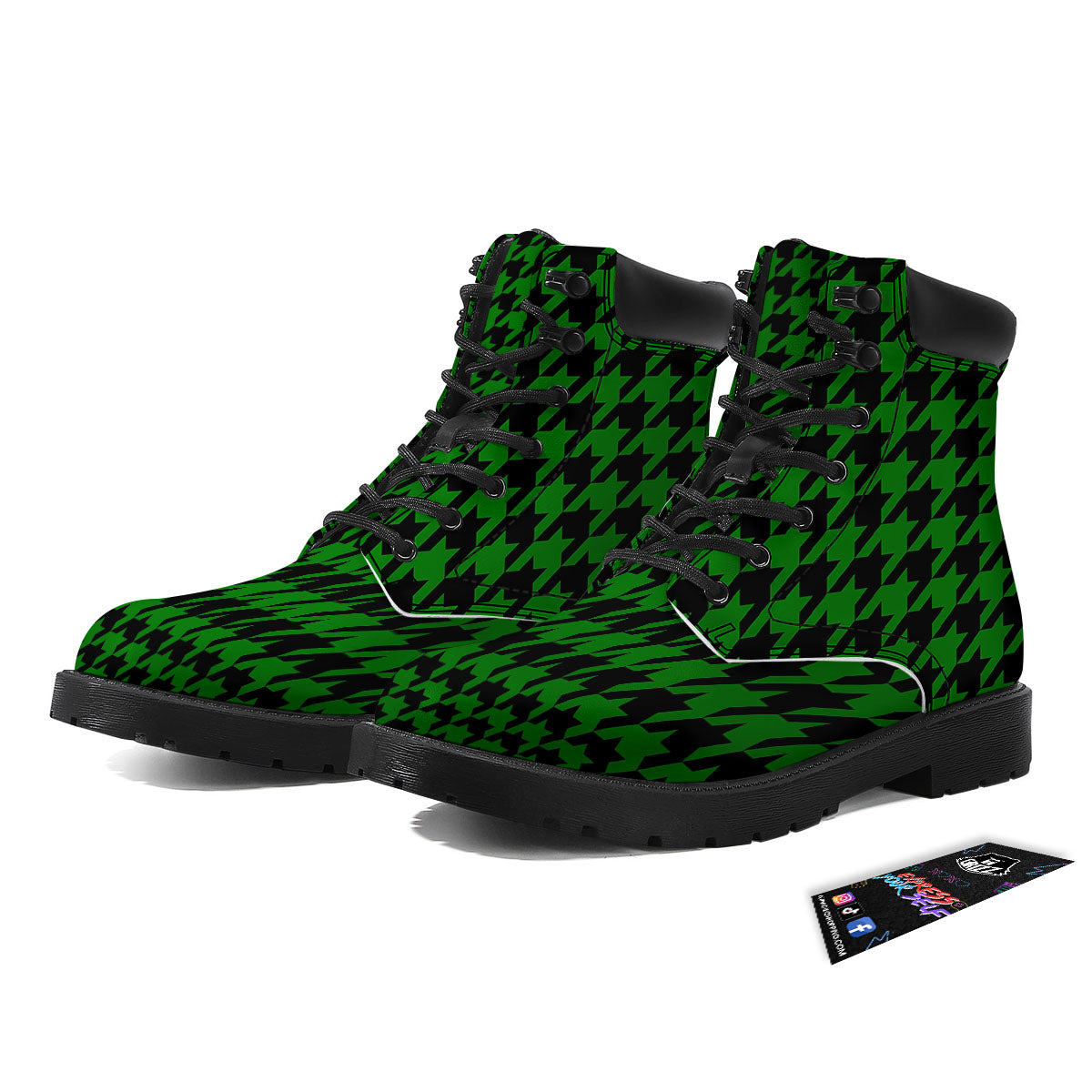 Black Green Jungle Houndstooth Print Boots-grizzshop