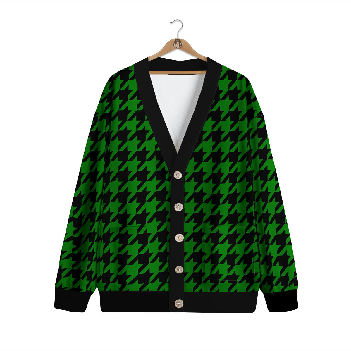 Black Green Jungle Houndstooth Print Cardigan-grizzshop