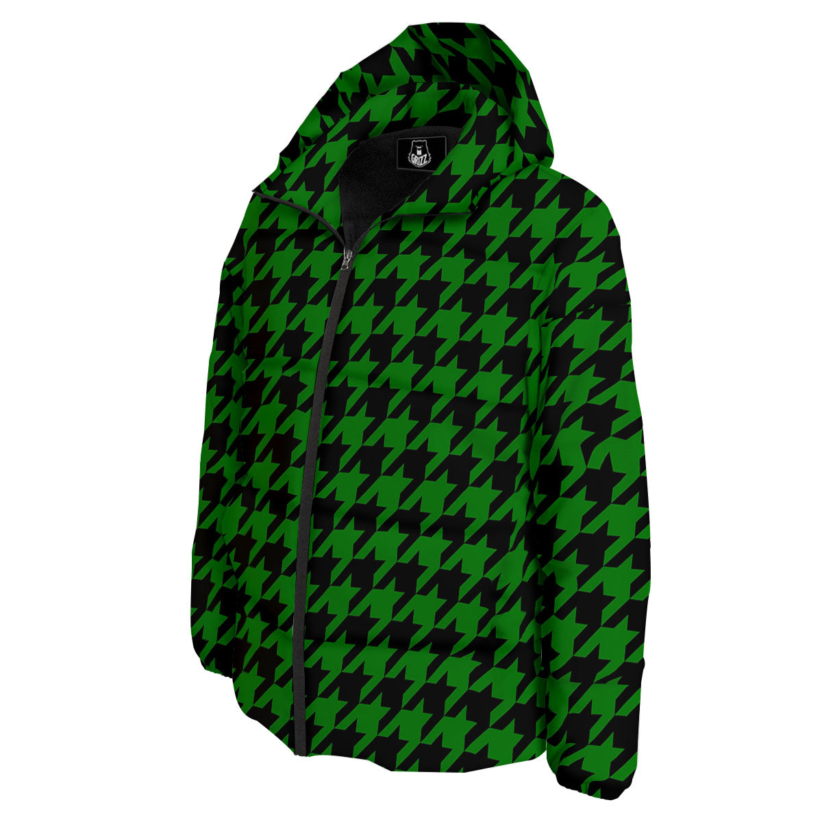 Black Green Jungle Houndstooth Print Down Jacket-grizzshop