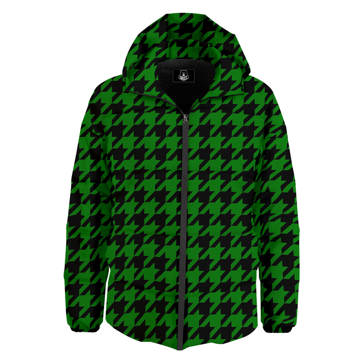 Black Green Jungle Houndstooth Print Down Jacket-grizzshop