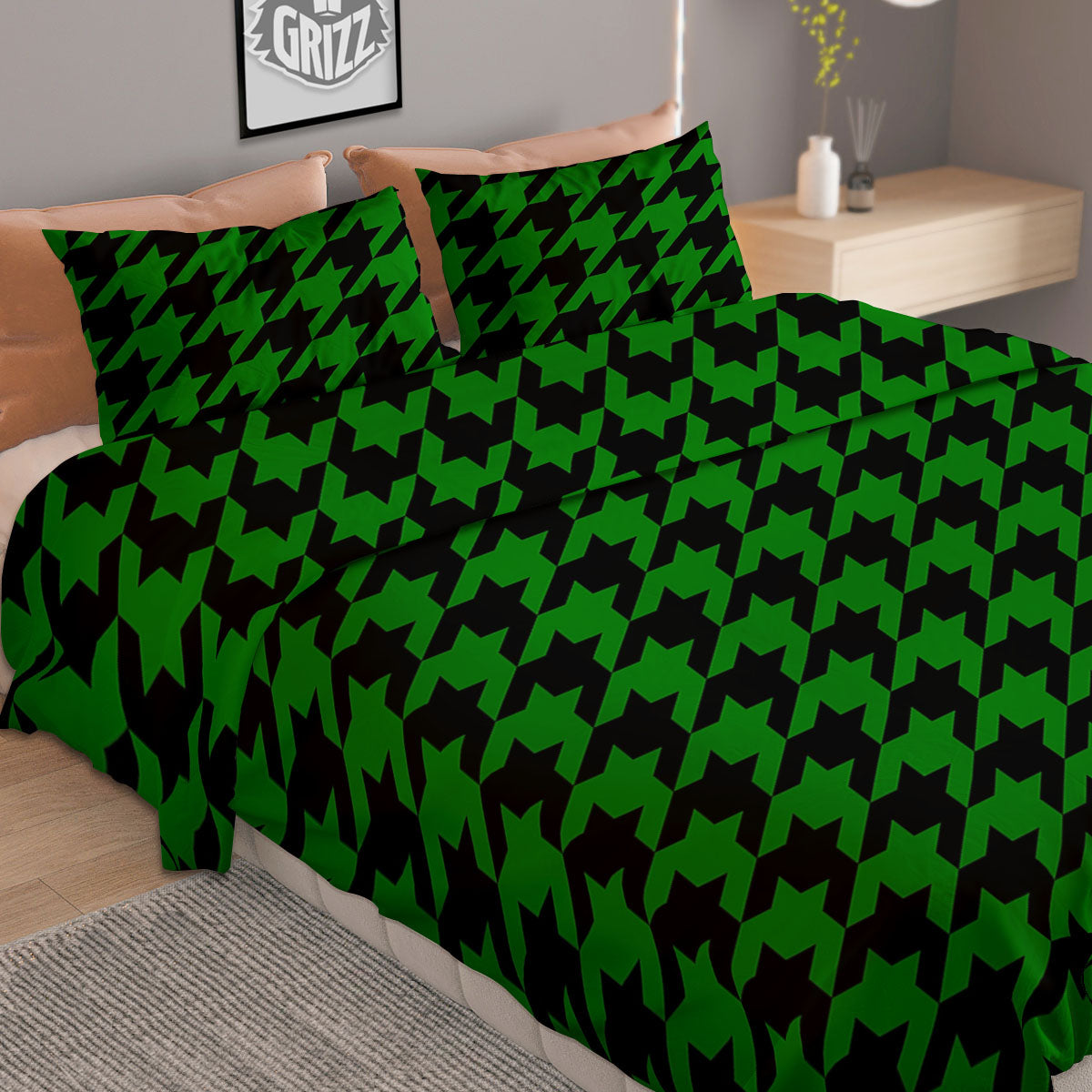 Black Green Jungle Houndstooth Print Duvet Cover Bedding Set