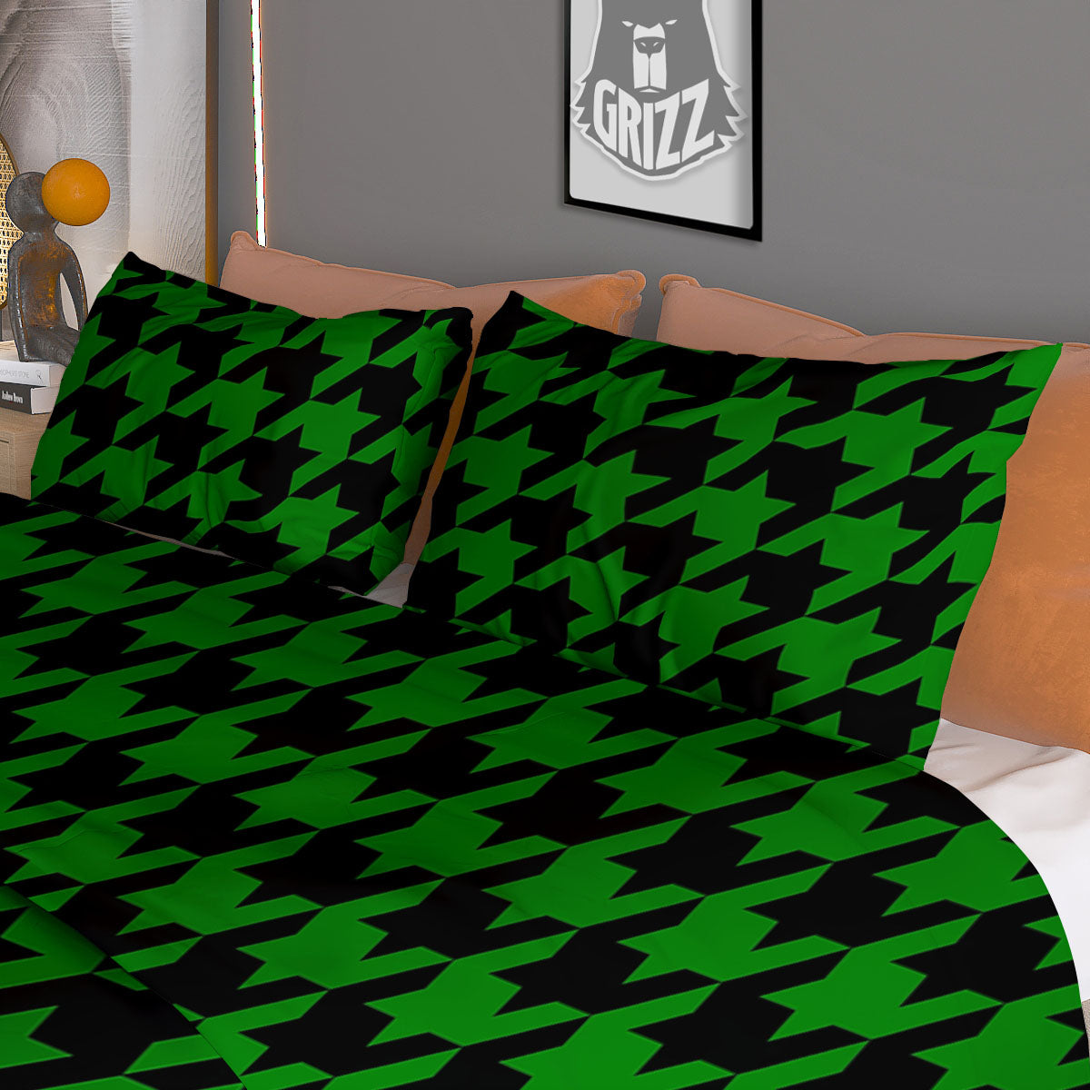 Black Green Jungle Houndstooth Print Duvet Cover Bedding Set