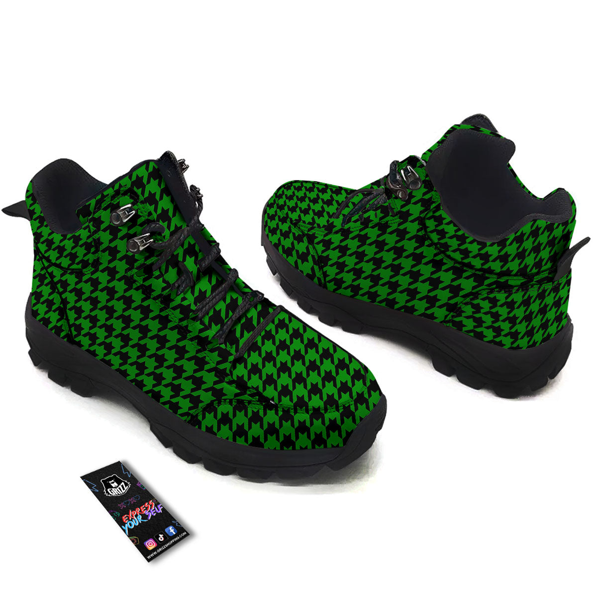 Black Green Jungle Houndstooth Print Hiking Shoes-grizzshop